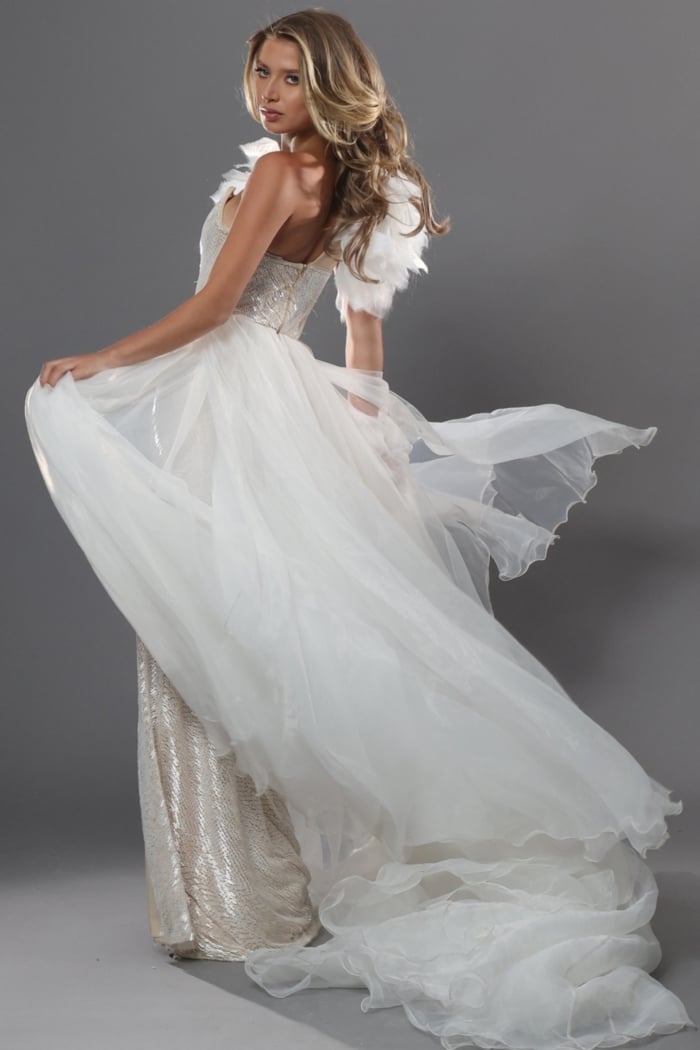 one shoulder gown with oversized floral accent