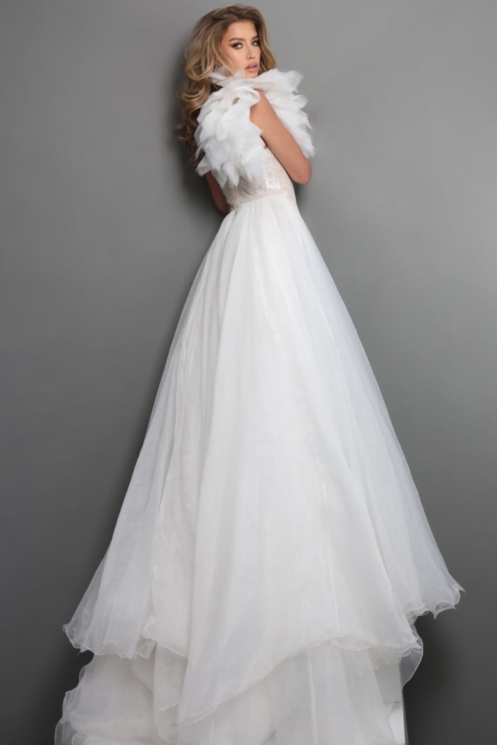 one shoulder gown with oversized floral accent