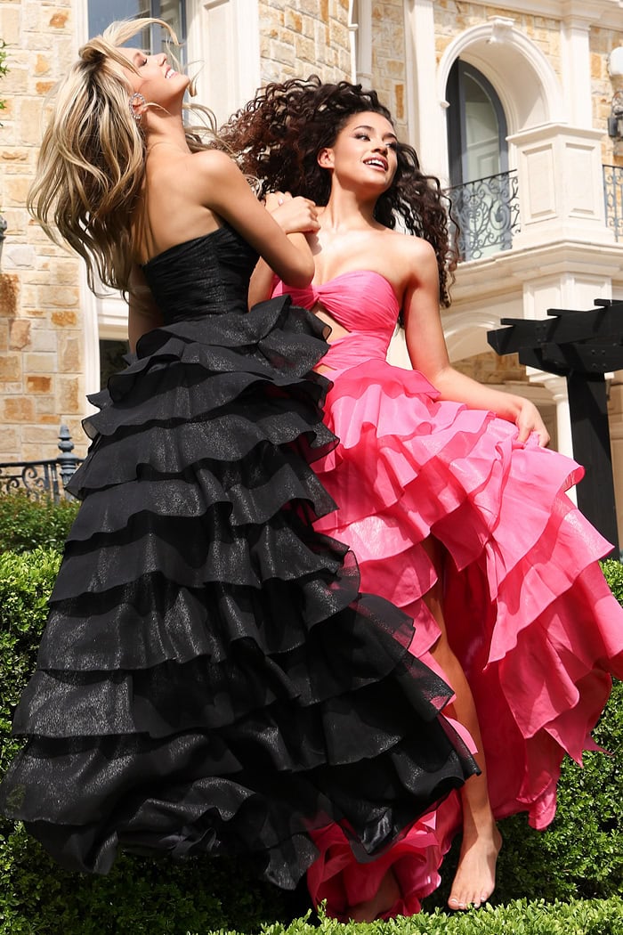 hot pink strapless twist bodice ruffled maxi dress - joyful models vibrant ruffled dresses