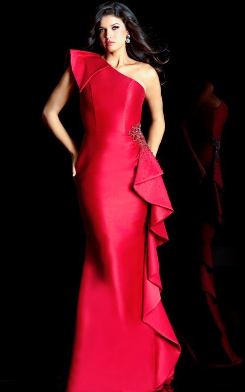 one shoulder red dress with ruffles on the side 48003