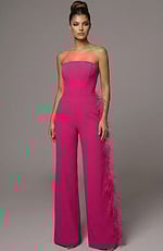 Strapless corset jumpsuit with wide leg pants and feather trim detail