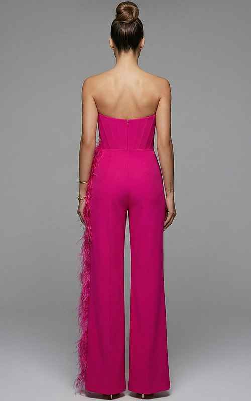 Back view of strapless jumpsuit with fitted corset bodice and clean finish
