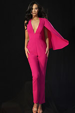 Fitted jumpsuit with plunging neckline and cape sleeve detail