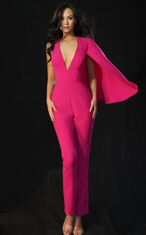 Fitted jumpsuit with plunging neckline and cape sleeve detail