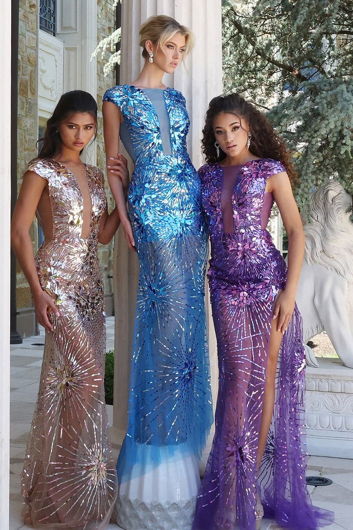sequin embellished gown - three girls front, linked arms, starburst sequin dresses