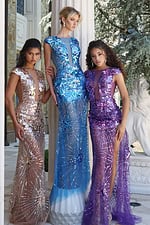 sequin embellished gown - three girls front, linked arms, starburst sequin dresses