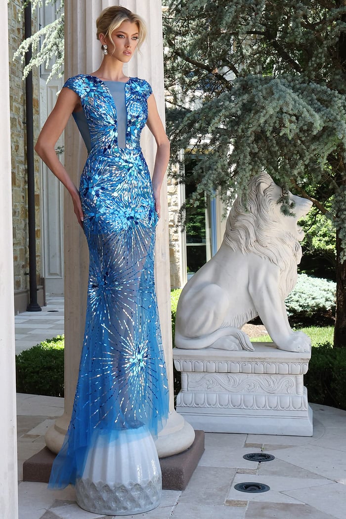peacock sequin embellished gown - front full body, blonde updo, hands on hips