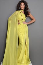 yellow sheath long dress with asymmetric choker cutouts slit cape