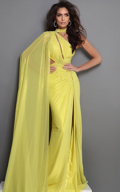 yellow sheath long dress with asymmetric choker cutouts slit cape