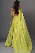 yellow sheath long dress with asymmetric choker cutouts slit cape
