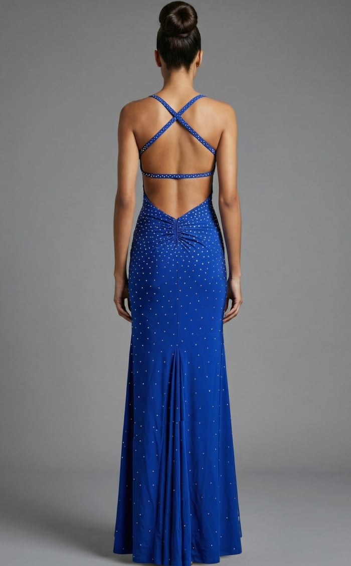 Back view of fitted evening gown with crisscross straps, open back, and scattered crystal embellishments