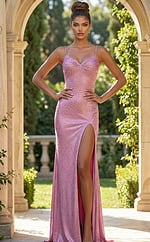 Front view of fitted embellished gown with ruched bodice, thin straps, and thigh high slit