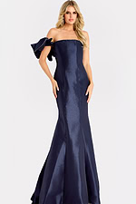 One-shoulder satin gown with structured ruffle accent and flared mermaid hemline.