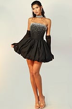 Glamorous black embellished mini dress with bubble hem and formal glove accessories