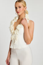 front view of halter neckline white top with floral details 48102