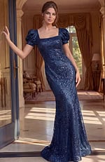 glamorous prom dress front view with off shoulder neckline and sleek fit