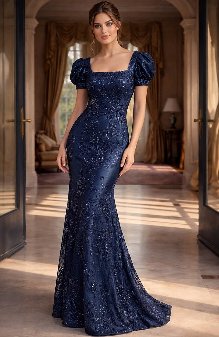 fitted evening gown with sparkling embellishments and long silhouette