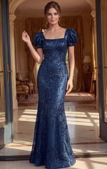 elegant evening gown with draped sleeves and shimmering beadwork