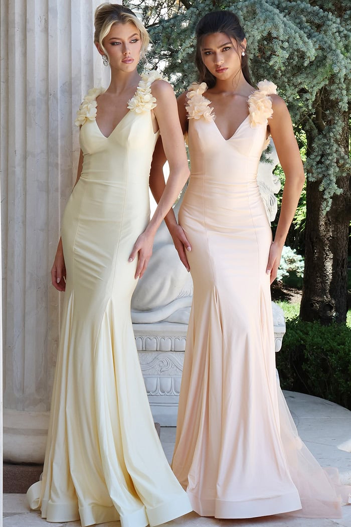 lilac mermaid gown with 3d floral shoulder - two girls front, blonde updo, dark hair, two dress colors