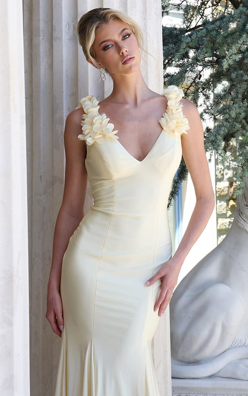 lightyellow lilac mermaid gown with 3d floral shoulder - front full body, leaning on pillar, direct gaze, stone lion
