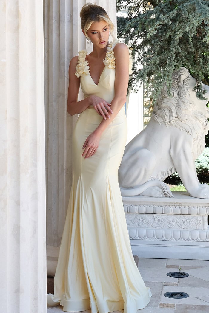 lightyellow lilac mermaid gown with 3d floral shoulder - front full body, leaning pillar hands crossed lion statue