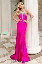 Fitted halter prom dress with plunging neckline and shimmer beadwork