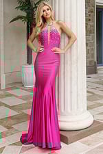 Pink evening gown featuring plunging keyhole front and halter neckline