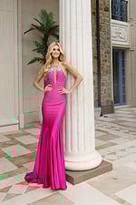 Open back halter prom dress with rhinestone straps and ruched detailing