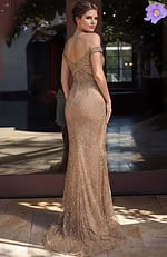 back view of strapless beaded prom dress with open back and fitted silhouette