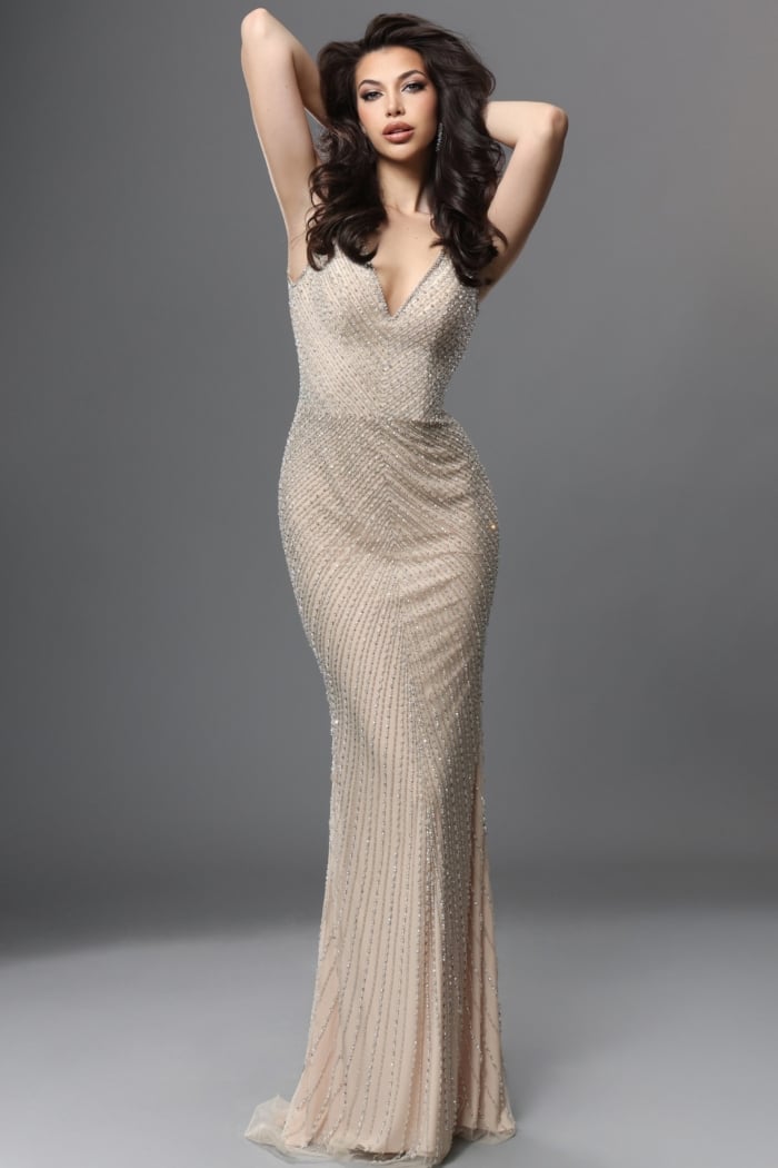 champagne beaded off-shoulder mermaid gown