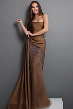 bronze draped sheath long dress with strapless draped overlay beaded skirt