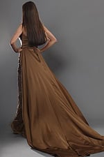 bronze draped sheath long dress with strapless draped overlay beaded skirt
