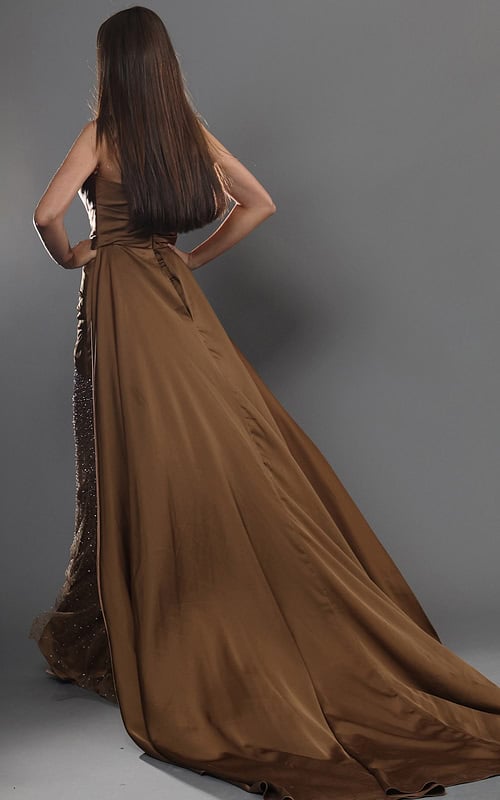 bronze draped sheath long dress with strapless draped overlay beaded skirt