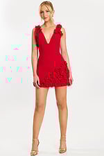 Strapless black mini dress with 3D floral hem detailing