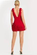 Back view of strapless black mini dress with zipper closure