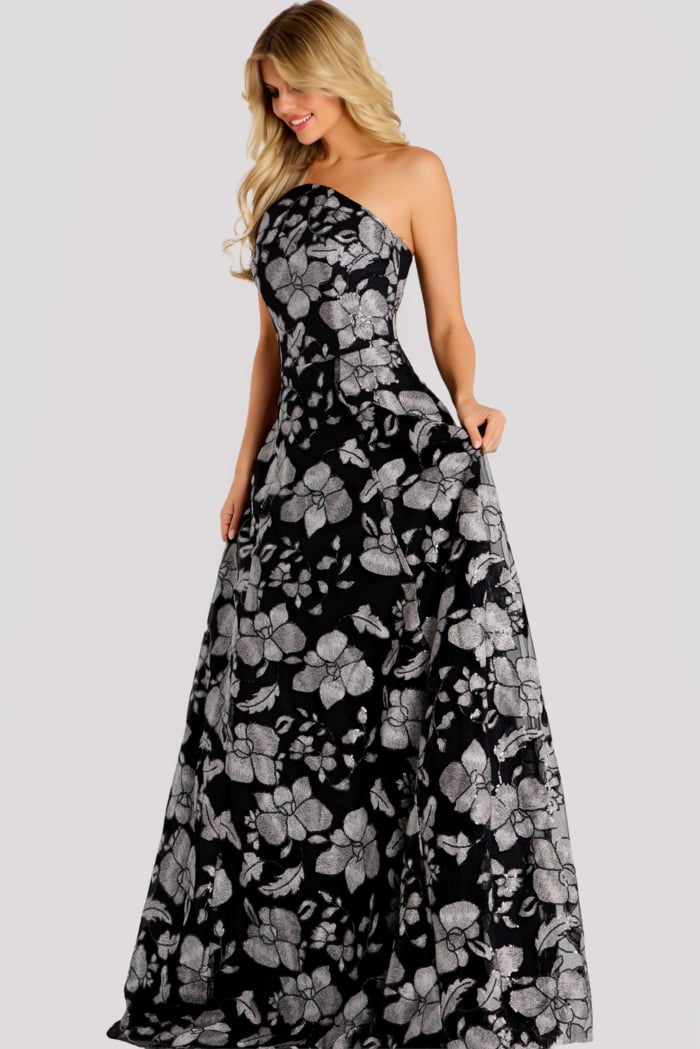 Strapless Floral Jacquard Gown With Metallic Shine 48175 | Jovani