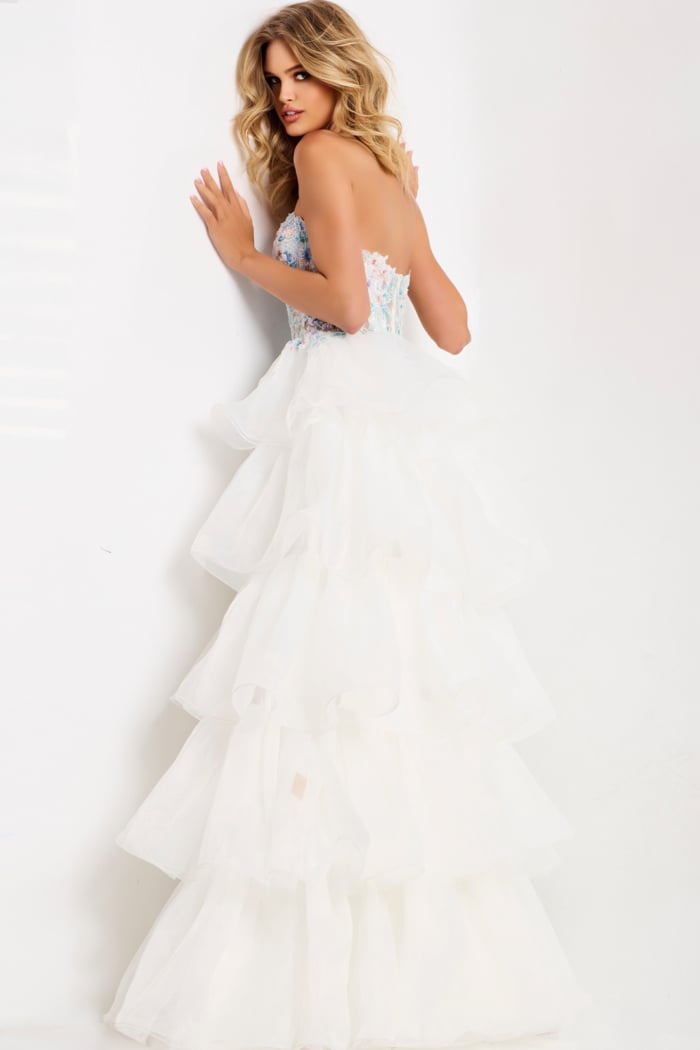 Tiered layered prom gown with sheer bodice