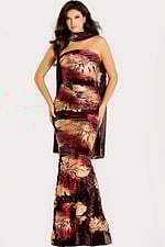 Strapless floral metallic gown with fitted silhouette, bold red and gold print, and matching draped scarf accent.
