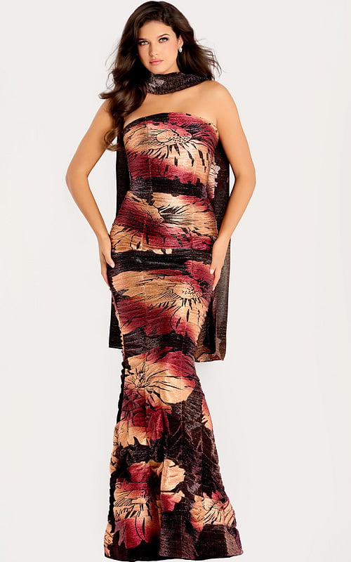 Strapless floral metallic gown with fitted silhouette, bold red and gold print, and matching draped scarf accent.