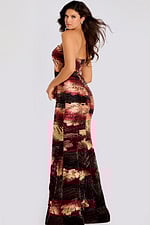 Strapless fitted gown with a shimmering abstract sequin pattern in bronze and burgundy tones, featuring a floor-length silhouette.