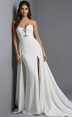 Elegant fitted evening gown with structured bodice and flowing skirt,