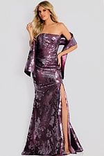 purple strapless high slit print dress 48186
