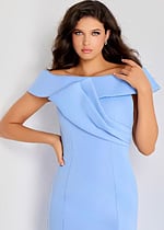 Off-shoulder mermaid gown with structured draped neckline and smooth fitted silhouette flowing into a flared hem.