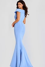 Off shoulder gown with sculpted draped neckline and mermaid skirt, designed in a sleek light blue fabric for a graceful formal look.