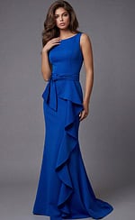 Fitted sleeveless gown with smooth neckline, tied waist accent, and flowing ruffle