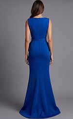 Back view of sleeveless fitted gown with clean back seam and floor length skirt