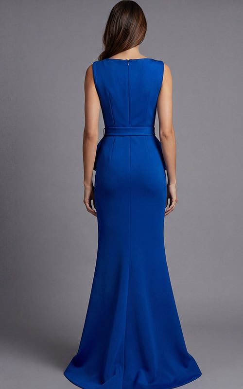Back view of sleeveless fitted gown with clean back seam and floor length skirt