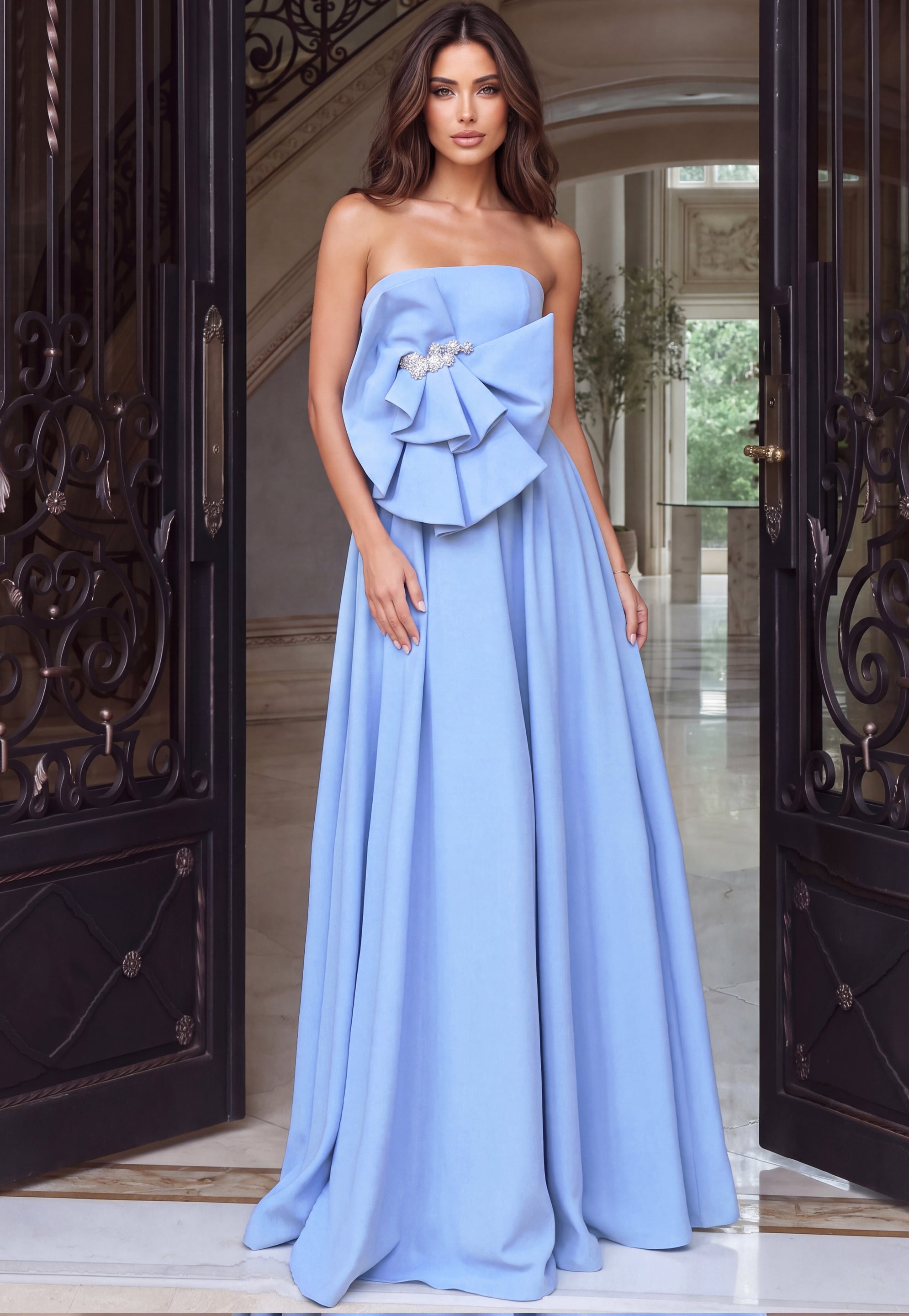 blue strapless dress with embellishment on the dress 48196