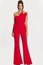Front view of red one-shoulder structured jumpsuit with flared legs