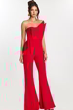 Angled front view of red asymmetric jumpsuit with folded neckline detail